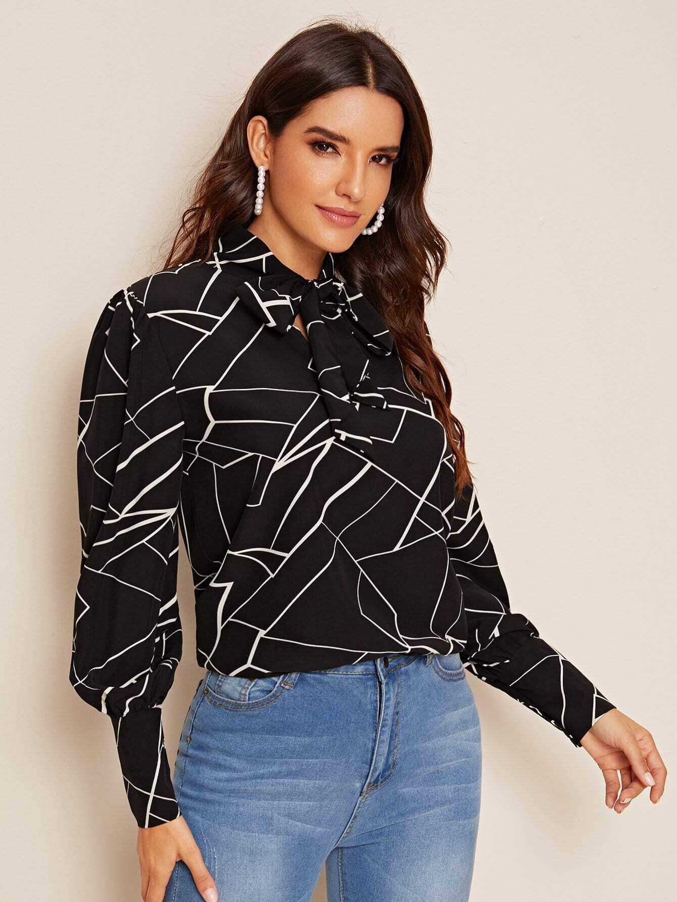 Geometric Print Tie Neck Blouson Sleeve Blouse