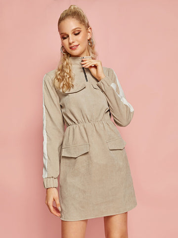 Contrast Panel O-Ring  Zip Corduroy Dress