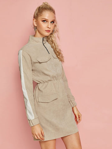 Contrast Panel O-Ring  Zip Corduroy Dress