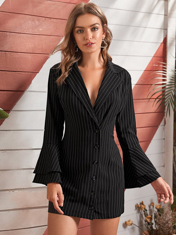 Flounce Sleeve Vertical Stripe Blazer Dress