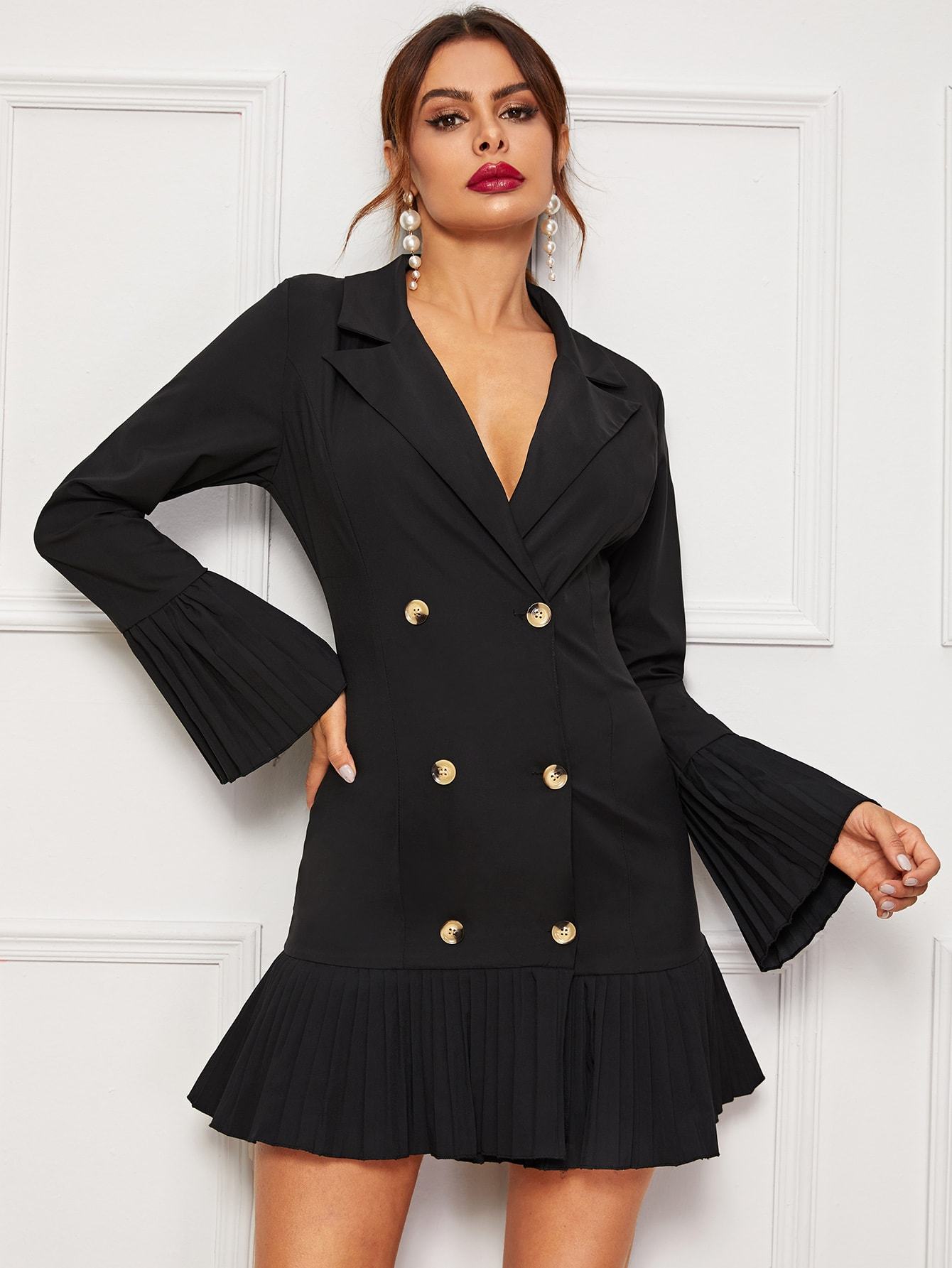 Double Breasted Pleated Hem Blazer Dress