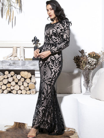 LOVE&LEMONADE Sequin Mesh Overlay Fishtail Hem Prom Dress