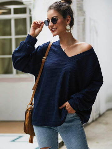 Solid V-Neck Drop Shoulder Jumper