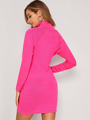 Neon Pink Zip Front High Neck Jumper Dress