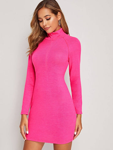 Neon Pink Zip Front High Neck Jumper Dress