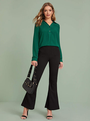 Buttoned Half Placket Solid Blouse