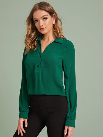 Buttoned Half Placket Solid Blouse
