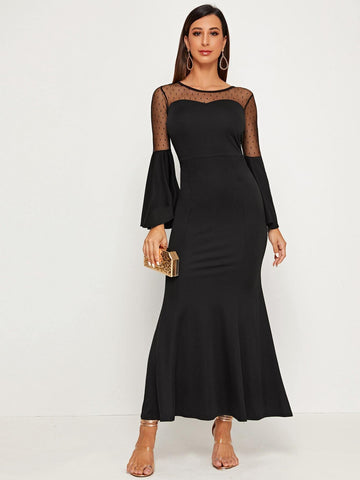 Contrast Dobby Mesh Flounce Sleeve Mermaid Dress
