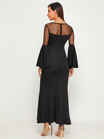 Contrast Dobby Mesh Flounce Sleeve Mermaid Dress