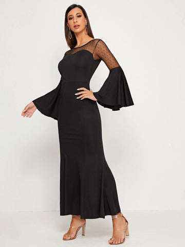 Contrast Dobby Mesh Flounce Sleeve Mermaid Dress