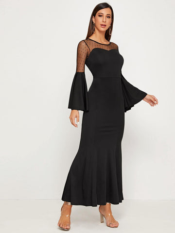 Contrast Dobby Mesh Flounce Sleeve Mermaid Dress