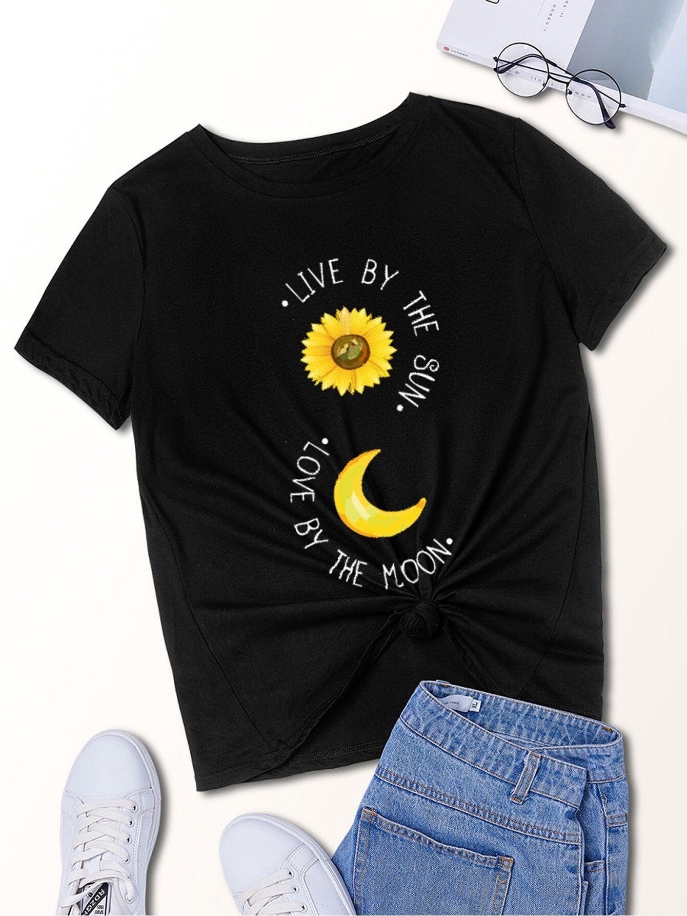Floral And Slogan Graphic Tee
