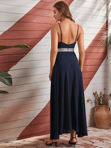 Contrast Sequin Split Thigh Backless Cami Dress