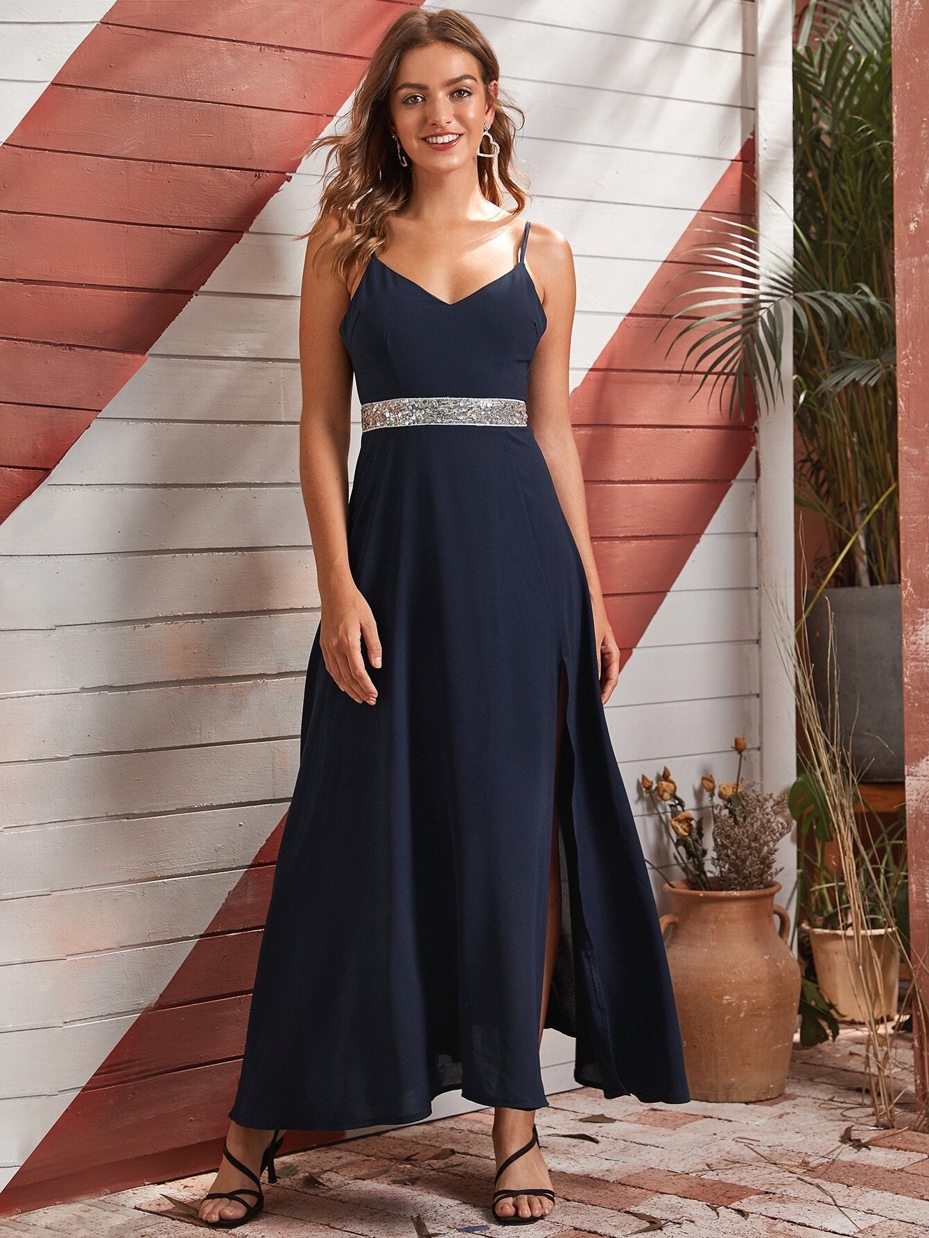 Contrast Sequin Split Thigh Backless Cami Dress