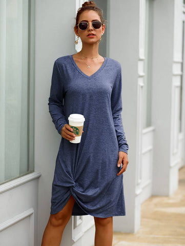 Solid V Neck Twist Hem Dress