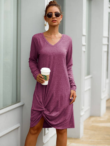 Solid V Neck Twist Hem Dress