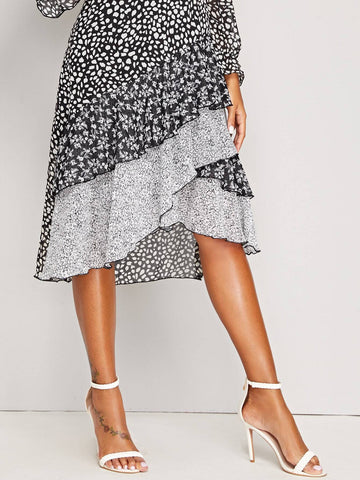 Ditsy Floral And Dalmatian Print Asymmetrical Hem Dress