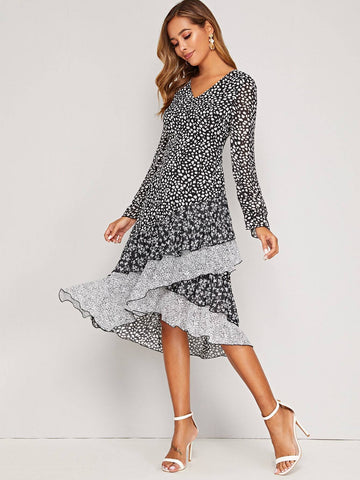 Ditsy Floral And Dalmatian Print Asymmetrical Hem Dress