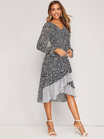 Ditsy Floral And Dalmatian Print Asymmetrical Hem Dress