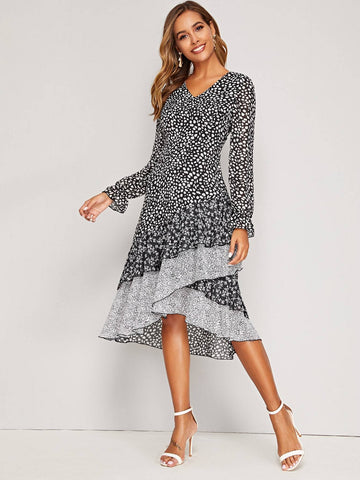 Ditsy Floral And Dalmatian Print Asymmetrical Hem Dress