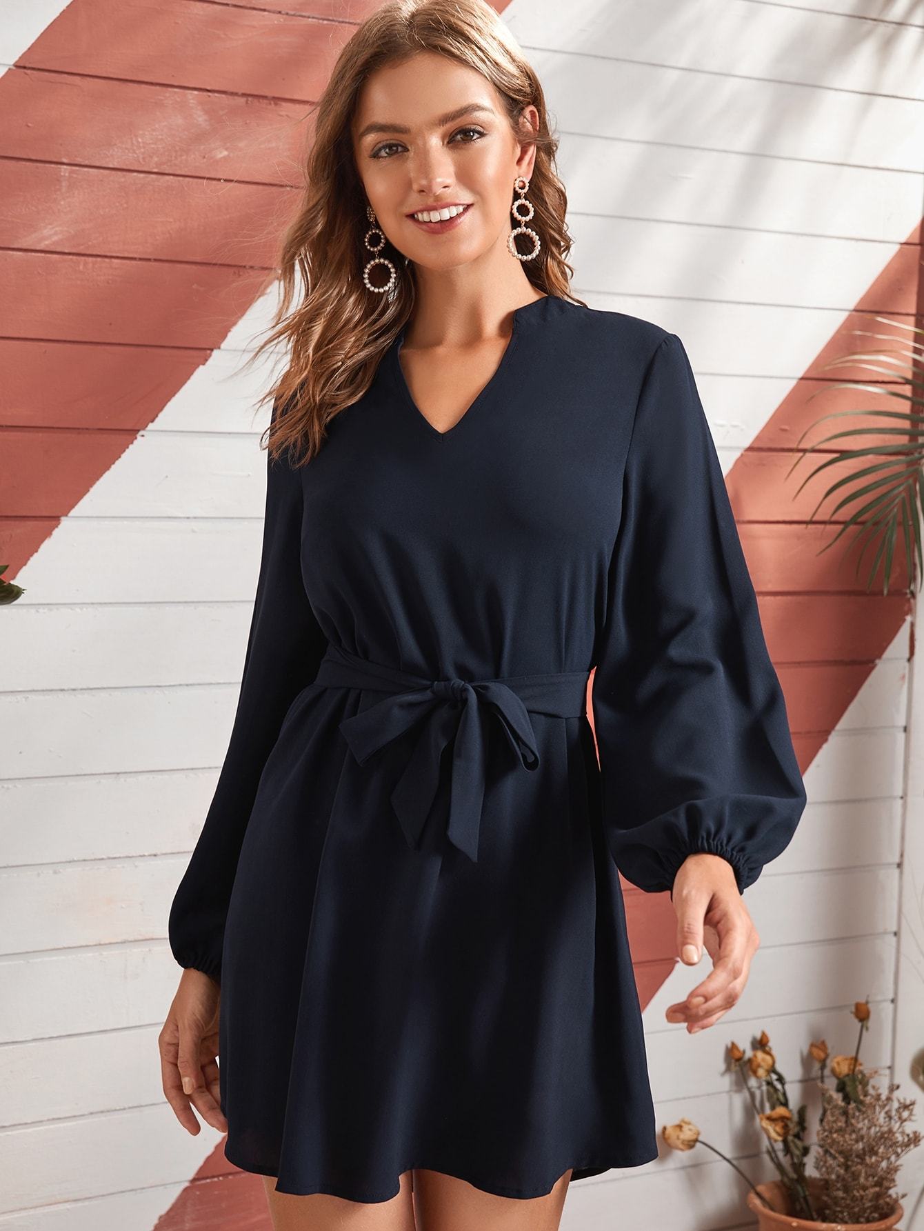 Solid Notched Neck Puff Sleeve Belted Dress