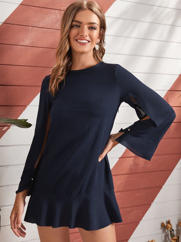 Split Sleeve Ruffle Hem Fitted Dress