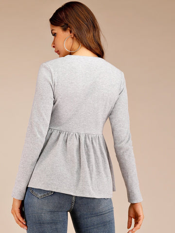 V-Neck Button Through Ruffle Hem Tee