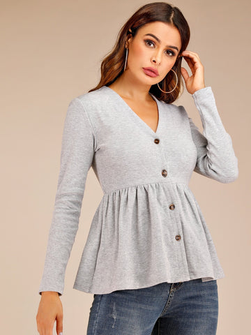 V-Neck Button Through Ruffle Hem Tee