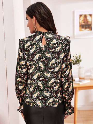 Frill Neck Ruffle Trim Shirred Cuff Paisley Print Top