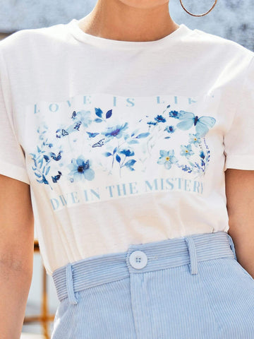 Slogan and Floral Print Top