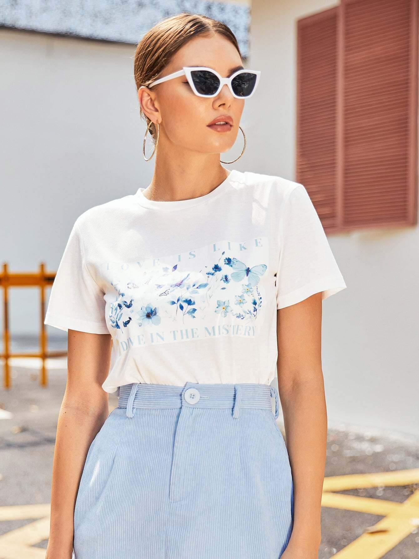 Slogan and Floral Print Top