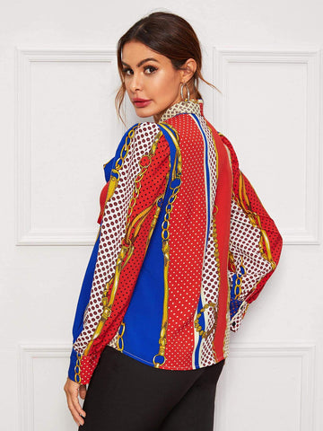 Tie Neck Chain And Geo Print Blouse