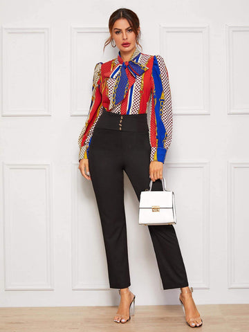 Tie Neck Chain And Geo Print Blouse