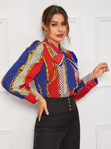 Tie Neck Chain And Geo Print Blouse