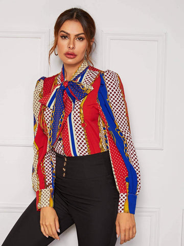 Tie Neck Chain And Geo Print Blouse