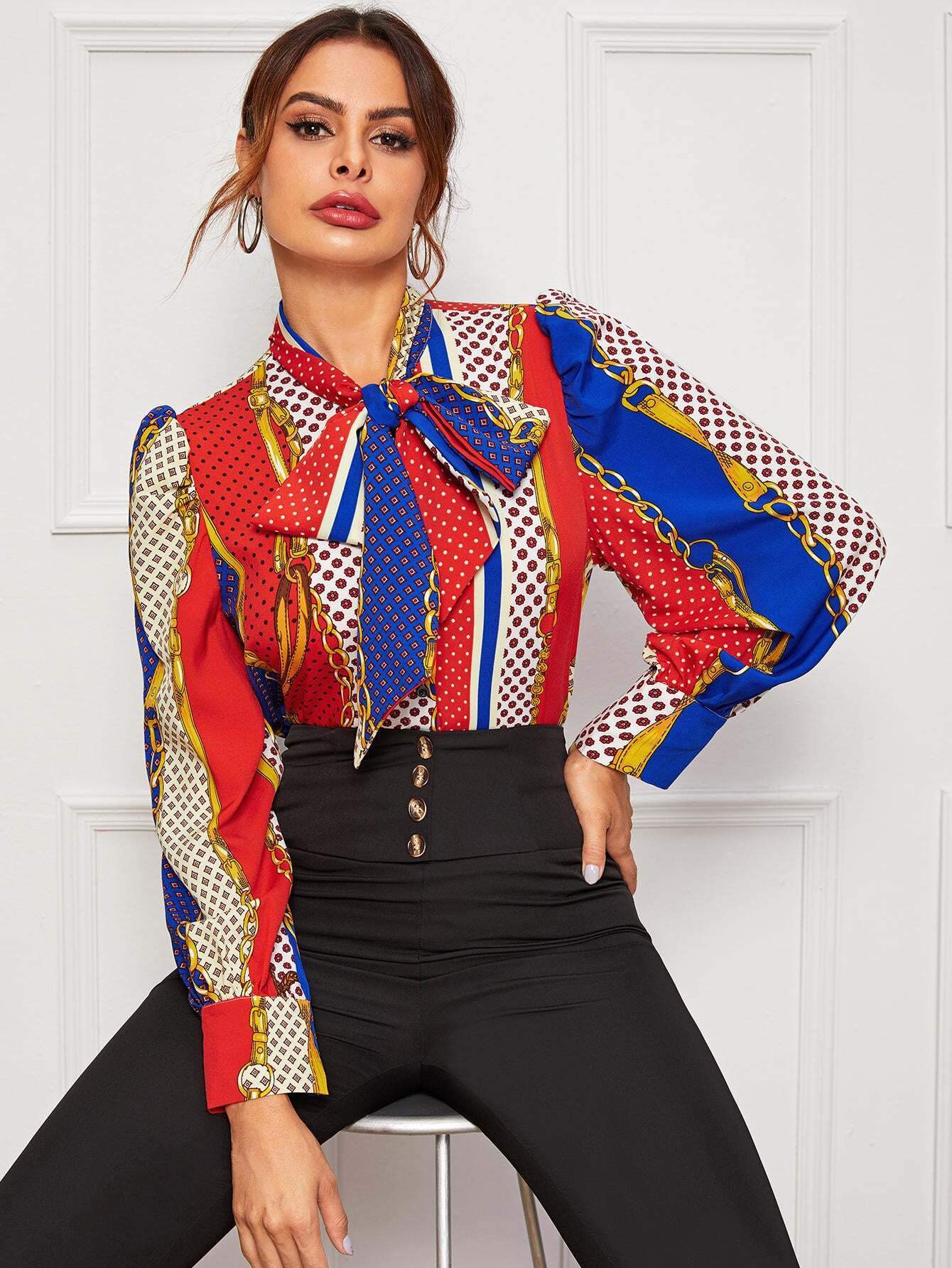 Tie Neck Chain And Geo Print Blouse