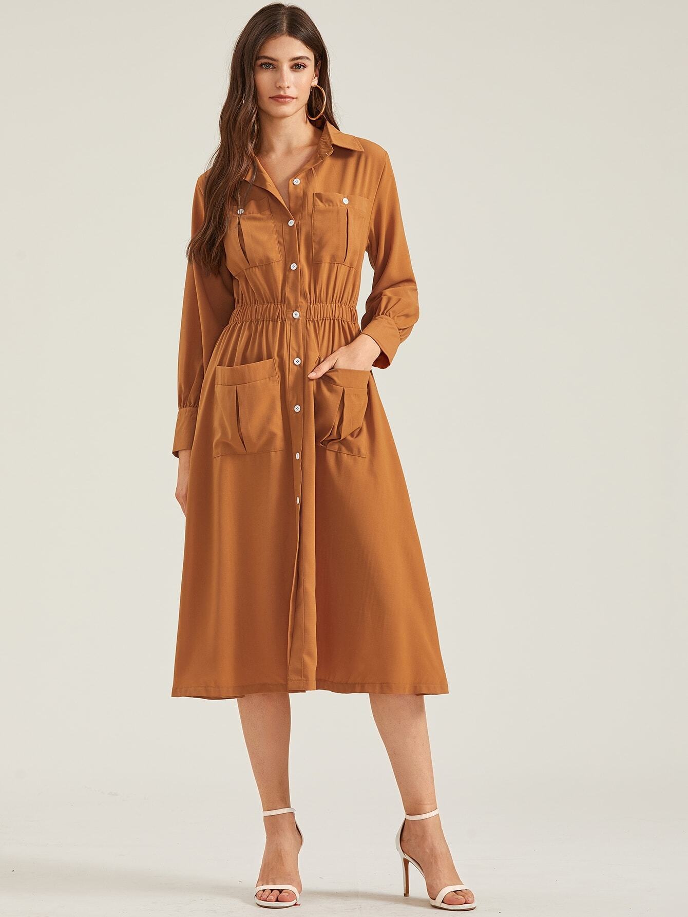 Dual Pocket Button Through Shirt Dress