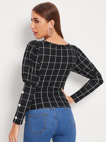 Plaid Button Detail Leg-of-mutton Blouse