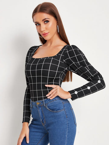 Plaid Button Detail Leg-of-mutton Blouse