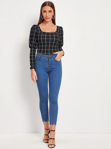 Plaid Button Detail Leg-of-mutton Blouse