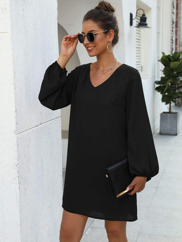 Solid V-neck Tunic Dress