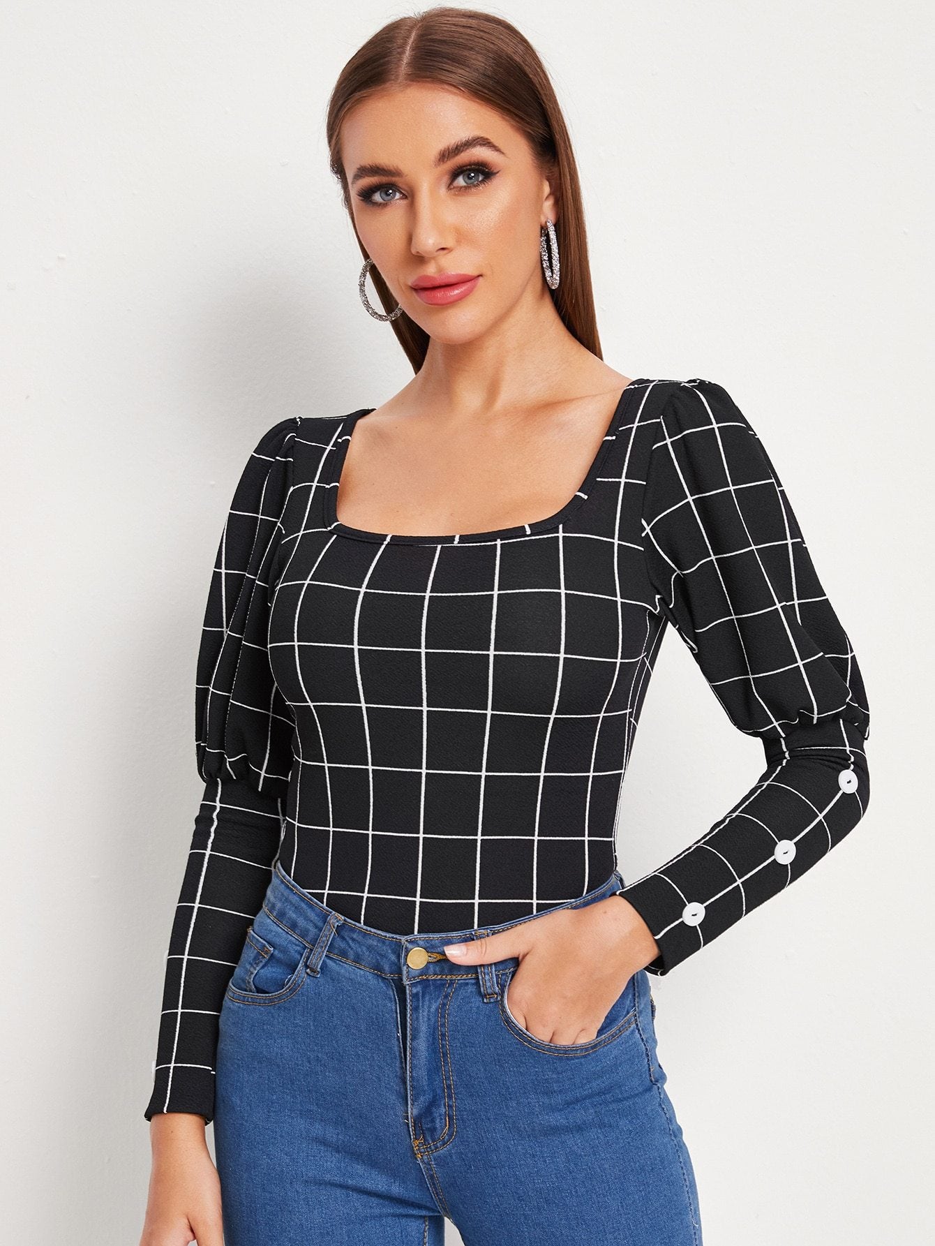 Plaid Button Detail Leg-of-mutton Blouse