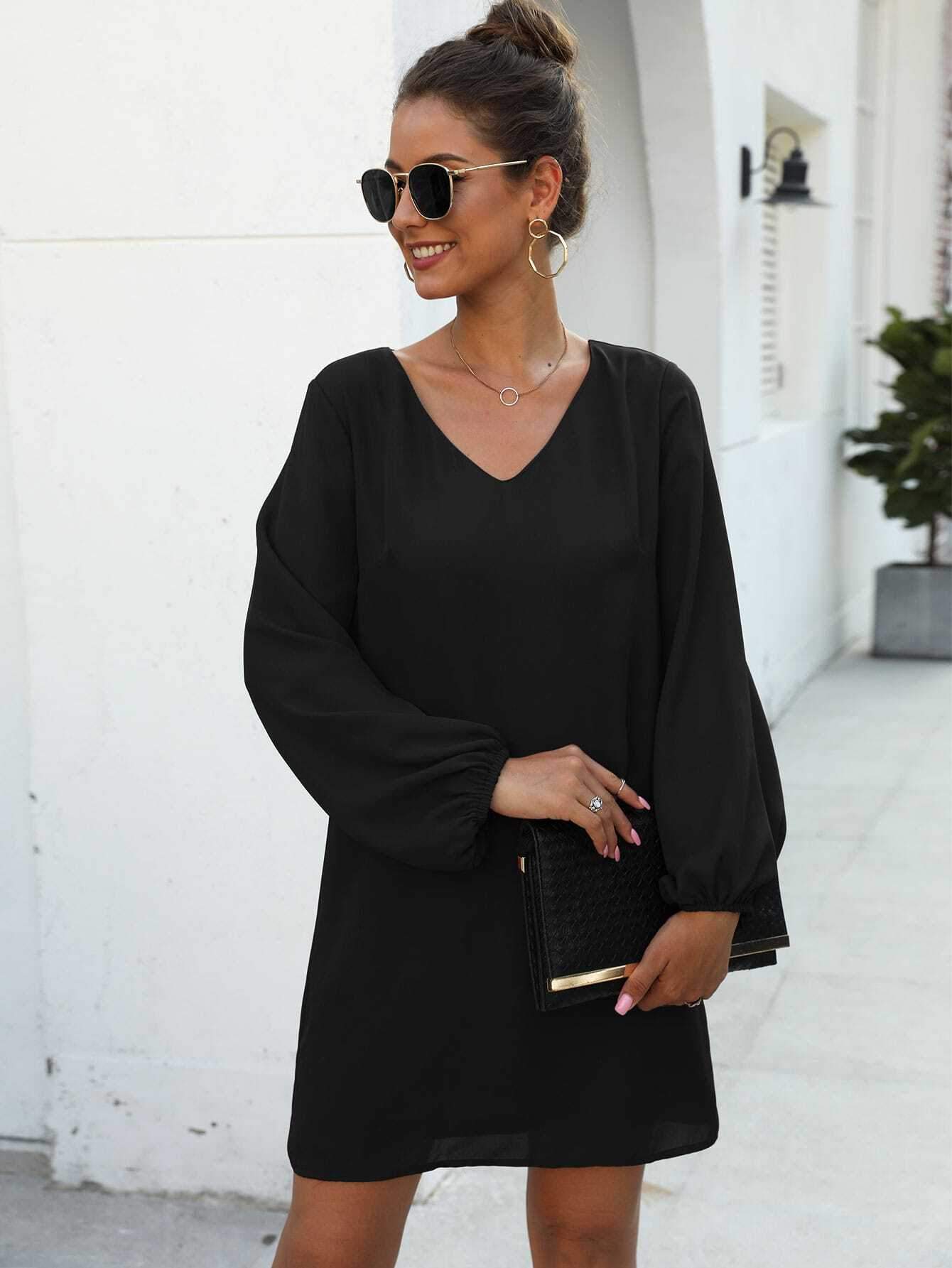 Solid V-neck Tunic Dress