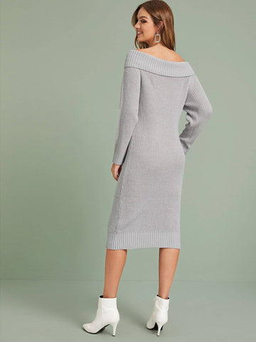 Ribbed Knit Bardot Fitted Midi Jumper Dress