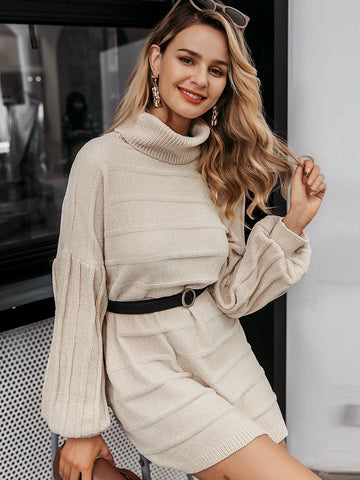 Simplee Puff Sleeve Turtleneck Jumper Dress Without Belt