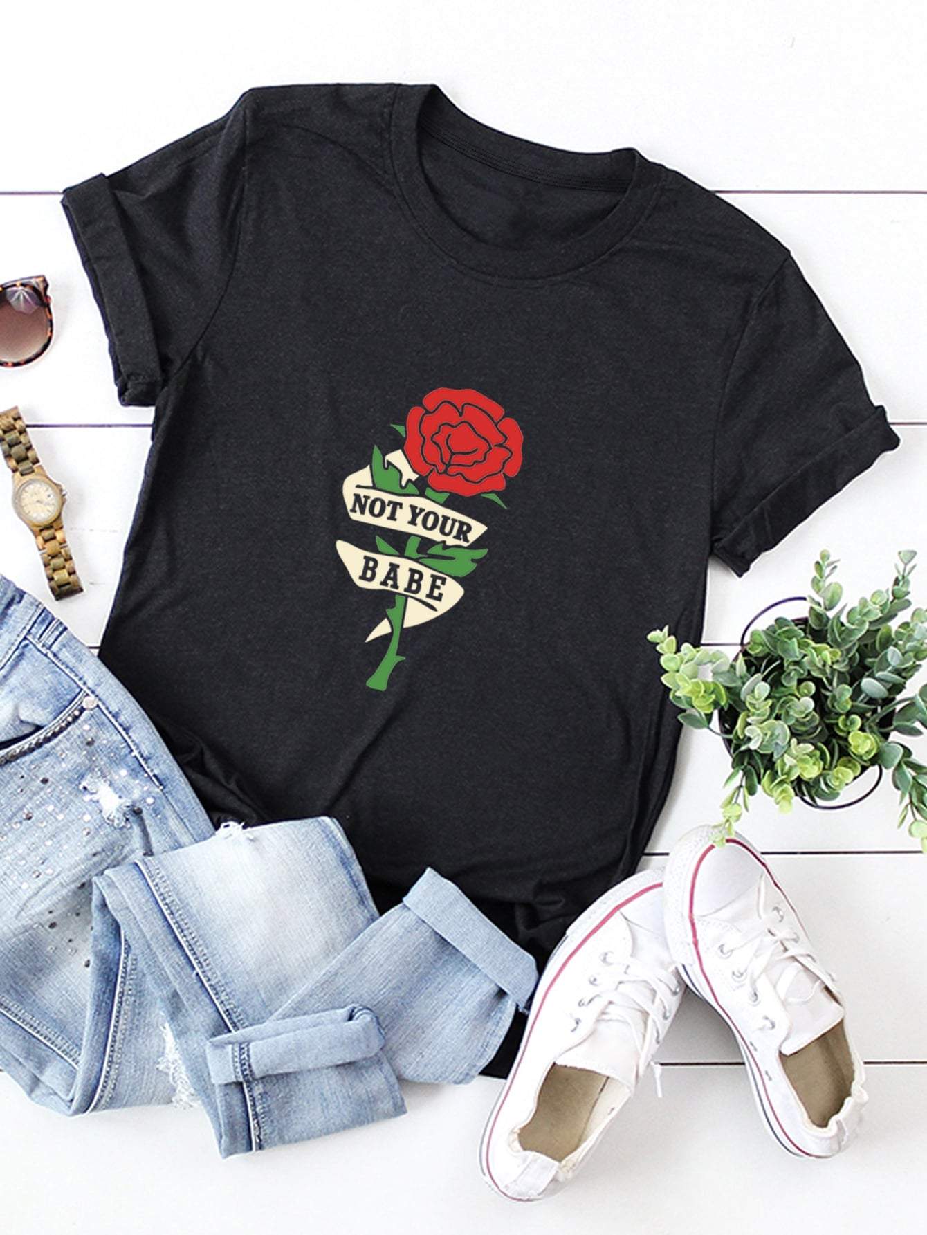 Letter And Flower Print Tee