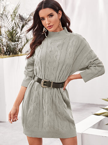 Drop Shoulder Cable Knit Jumper Dress With Belt