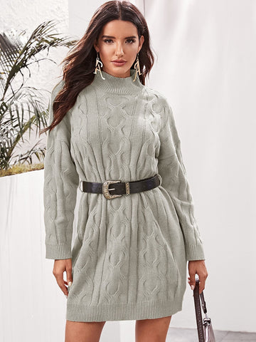 Drop Shoulder Cable Knit Jumper Dress With Belt