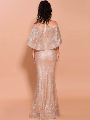 Missord Mesh Yoke Ruffle Trim Sequin Bodycon Prom Dress