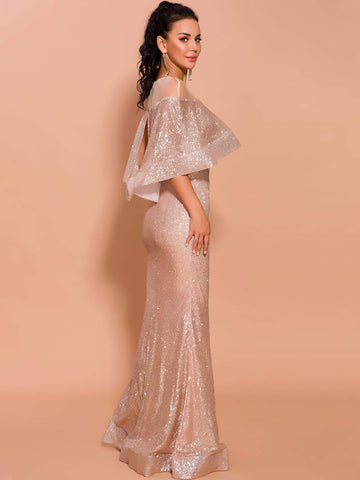 Missord Mesh Yoke Ruffle Trim Sequin Bodycon Prom Dress